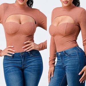 NEW Fashion boutique sexy cut out mock neck long Sleeve bodysuit top - mauve